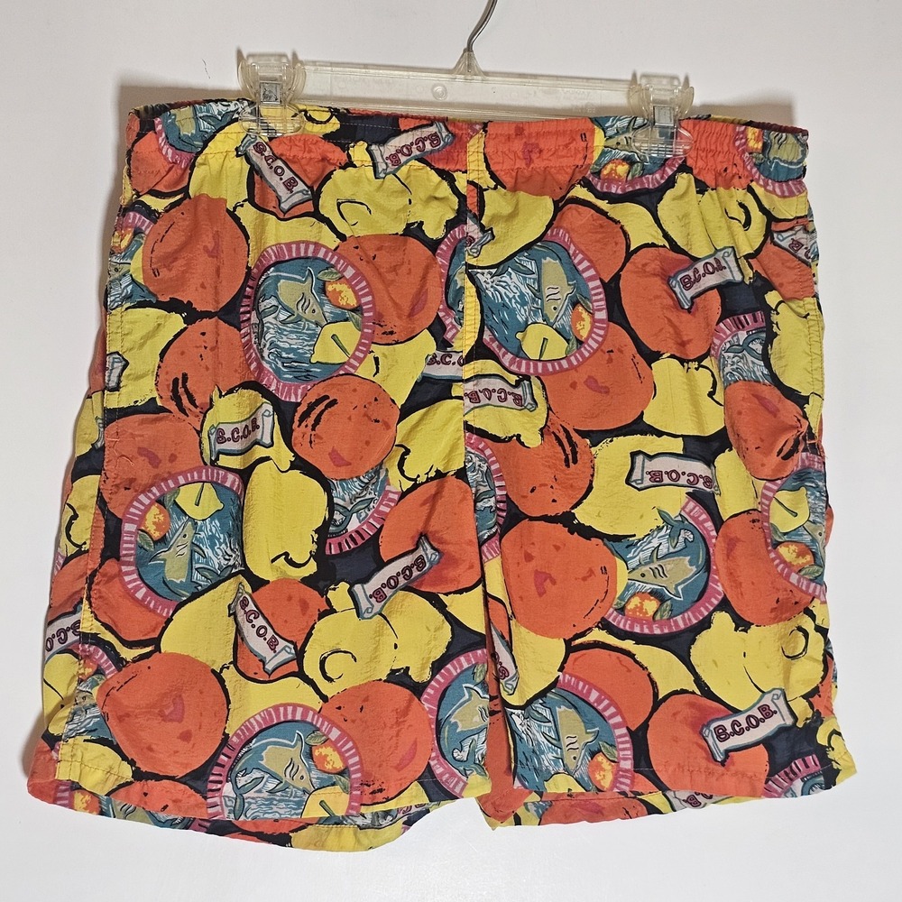 Vintage Lacoste Swim Trunks Mens Medium Multicolor Novely Lemon Orange SCOB Fish